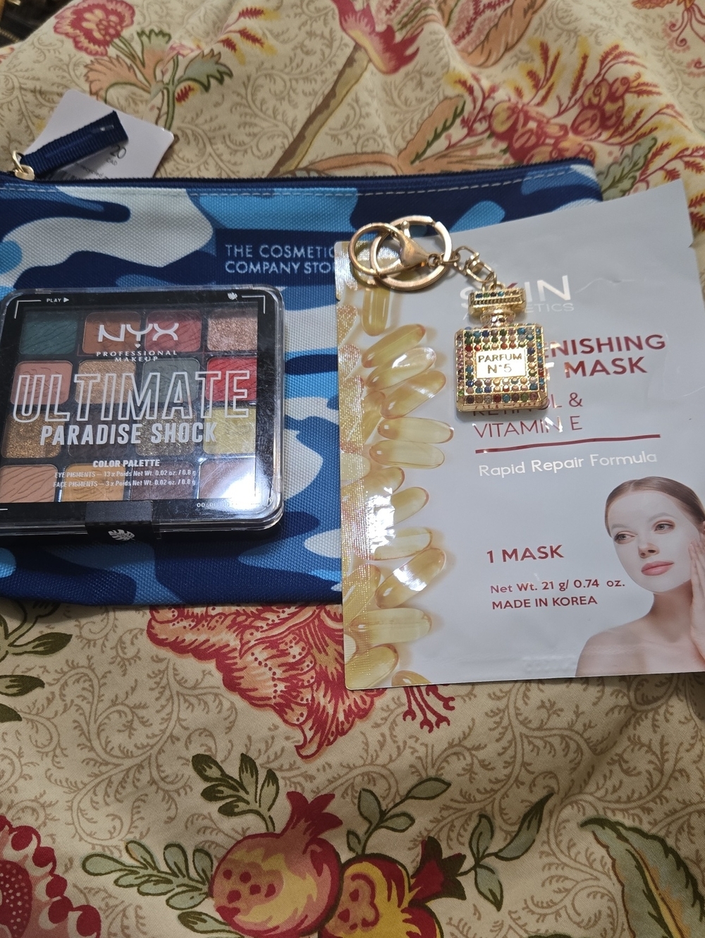 Cosnetic Company Blue Camo Cosmetic Pouch with Gold Perfume Bottle Keychain Plus